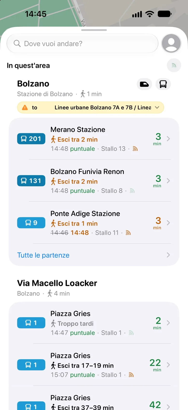 Partenze dalle fermate vicine, a Bolzano